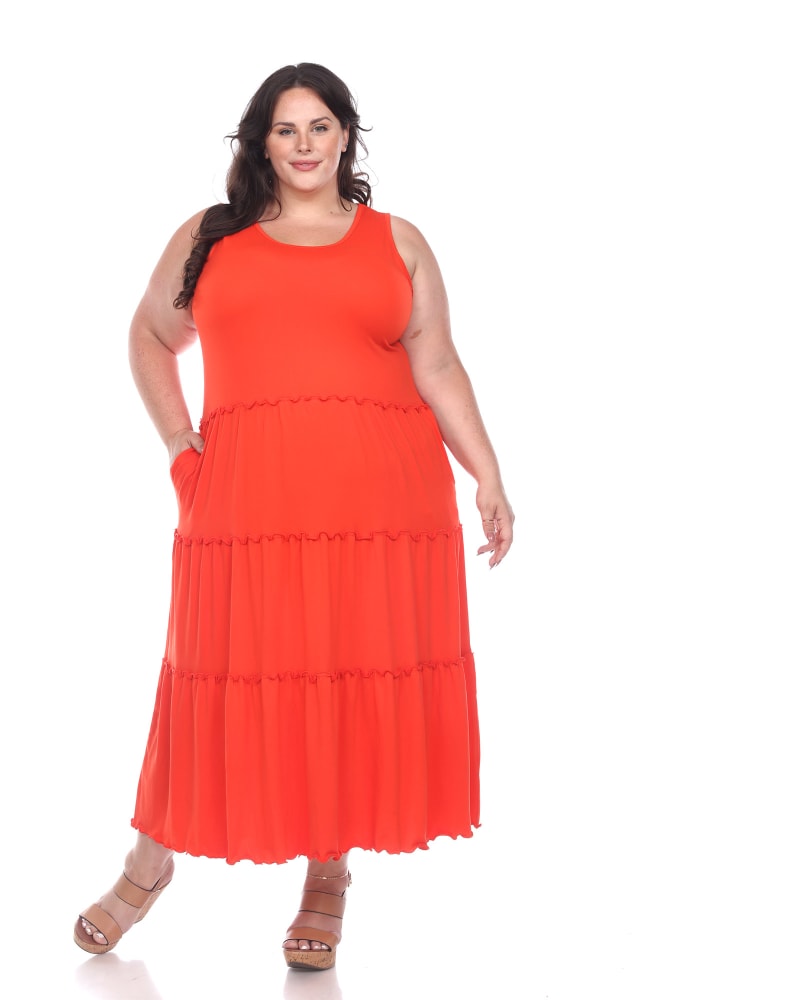 Front of a model wearing a size 1X Scoop Neck Tiered Midi Dress in Red by White Mark. | dia_product_style_image_id:246731